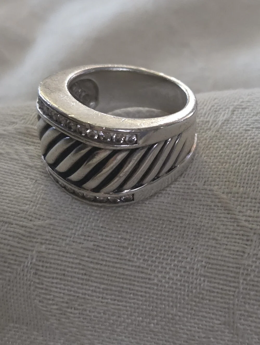 David Yurman Diamond Cable Cigar Band Ring, SS, Size 7